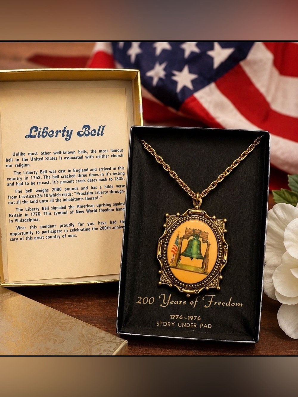 1976 Liberty Bell Pendant Necklace Original Box Story Cameo Patriotic USA 250th